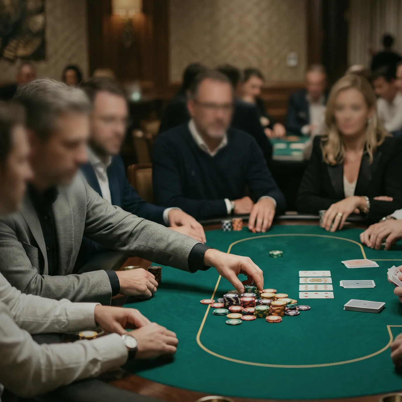 One of the five tables, chips already stacked.